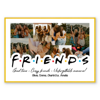 Custom Friends poster featuring group photos and silhouette illustration of friends with colored dots.