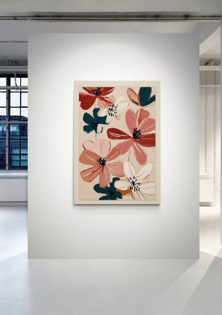 Blush and Wine Blossoms III by Branka Kodžoman, floral abstract art with pink, red, and dark green accents.