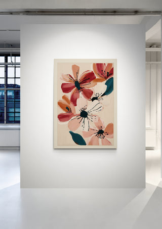 Blush and Wine Blossoms II by Branka Kodžoman displayed on a white wall in a modern, bright gallery space.