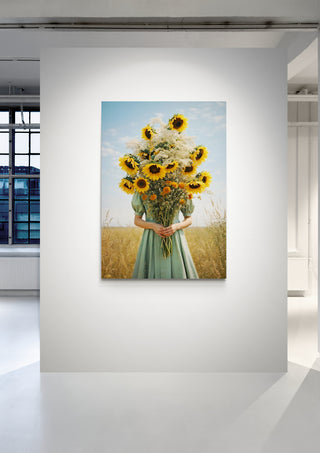 Art print of a woman in a green dress holding large sunflowers, displayed on a gallery wall.