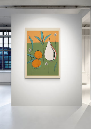 Abstract artwork by Branka Kodžoman featuring a pear, two oranges, and leaves on a green and orange background.
