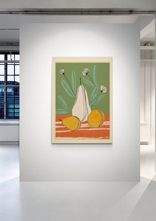 Abstract Pear Still Life by Branka Kodžoman displayed on a gallery wall, featuring stylized pears and floral elements.
