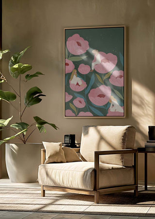 Framed floral artwork by Bea Muller on wall above beige armchair, styled room with natural light and large plant.