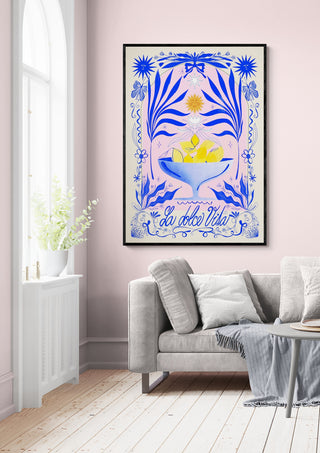 La Dolce Vita A1 - Baroo Bloom art print framed above a beige sofa in a bright, modern living room.