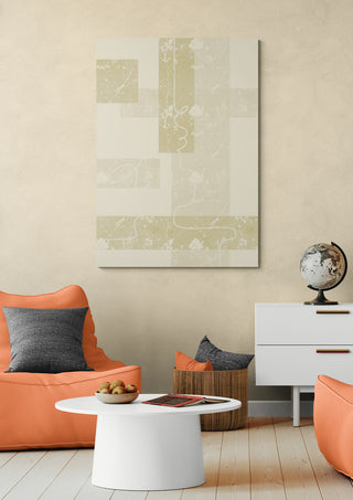 Fragment Path II - Yuli artwork displayed above a modern living area with orange seating and neutral decor.