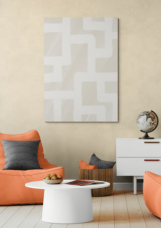 Quiet Structure - Yuli abstract wall art in a modern living room with orange chairs and minimalist decor.
