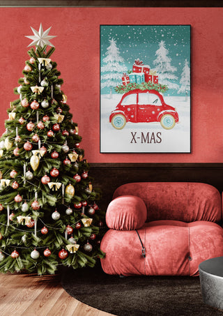 Christmas living room with decorated tree and a festive “X-MAS” car poster, perfect for Driving Home For Christmas.