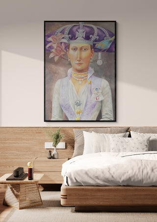 Framed "The Soft Authority" by Alesandr Mihaltchuk displayed above a modern bed in a cozy bedroom.