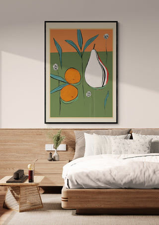 Abstract artwork of a pear and two oranges with green leaves, hanging above a bed in a modern bedroom.