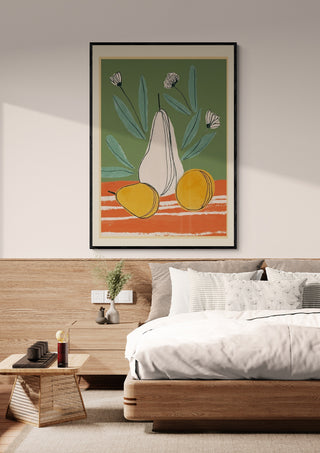 Framed "Abstract Pear Still Life" by Branka Kodžoman displayed above a modern bed in a cozy bedroom setting.