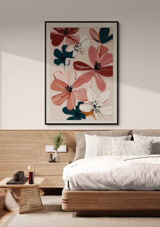 Framed floral artwork "Blush and Wine Blossoms III" by Branka Kodžoman above a modern bed in a cozy bedroom.