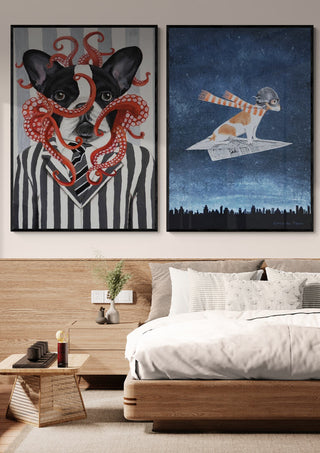 Framed art of a French Bulldog entangled with a red octopus, displayed above a modern bedroom setting.