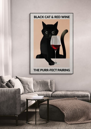Wallchart of a black cat with a glass of red wine, captioned "The purr-fect pairing," on a living room wall.