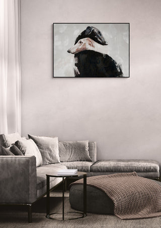 “At All Times II” by Gabriella Roberg displayed above a modern gray sofa in a stylish living room setting.