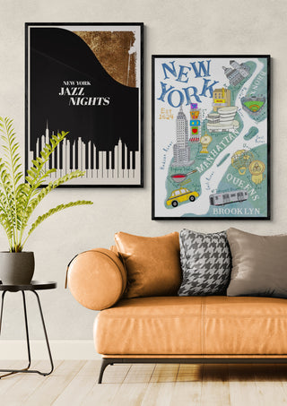Framed "Jazz Nights - Kubistika" art print displayed above a tan sofa in a modern living room setting.