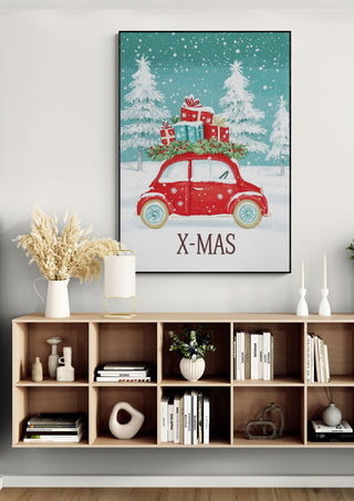 Framed print of a red car with Christmas gifts driving through snow, labeled X-MAS, on wall above modern shelf.