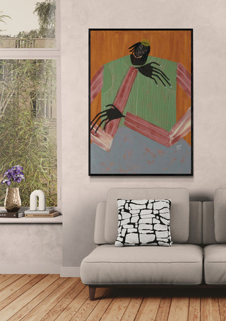 No Place to Be by Studio IMO art print displayed above a modern sofa in a bright, cozy living room.