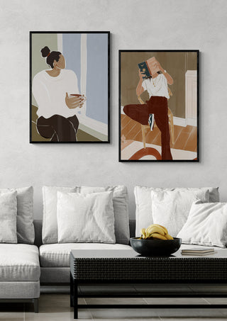 Two framed illustrations, one of a woman with a mug and one reading "How To Save the Planet - Ivy Green," above a sofa.