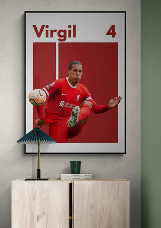 A football poster featuring a player in a red Liverpool kit with "Virgil 4" at the top.