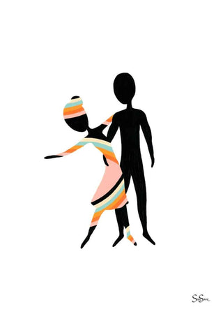 Abstract art print of two stylized figures in colorful stripes, titled "Trust" by Sara Sonne.