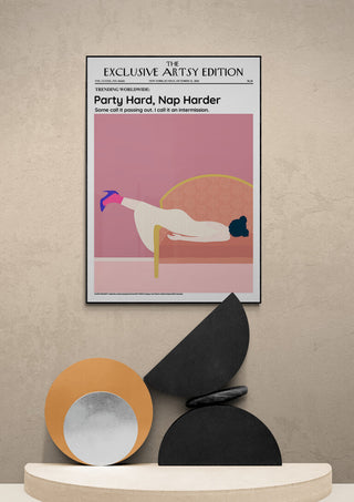 Poster of a woman lounging on a sofa above modern sculpture, for Party Hard - Nap Harder Artsy Edition.