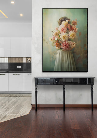 Framed "Dahlias in Vintage Green" by Annika Persson displayed above a black console in a modern interior.