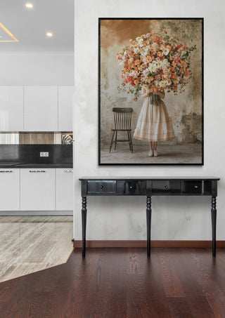 Large framed print of "Flower Harvest" by Annika Persson displayed above a black console table in a modern room.